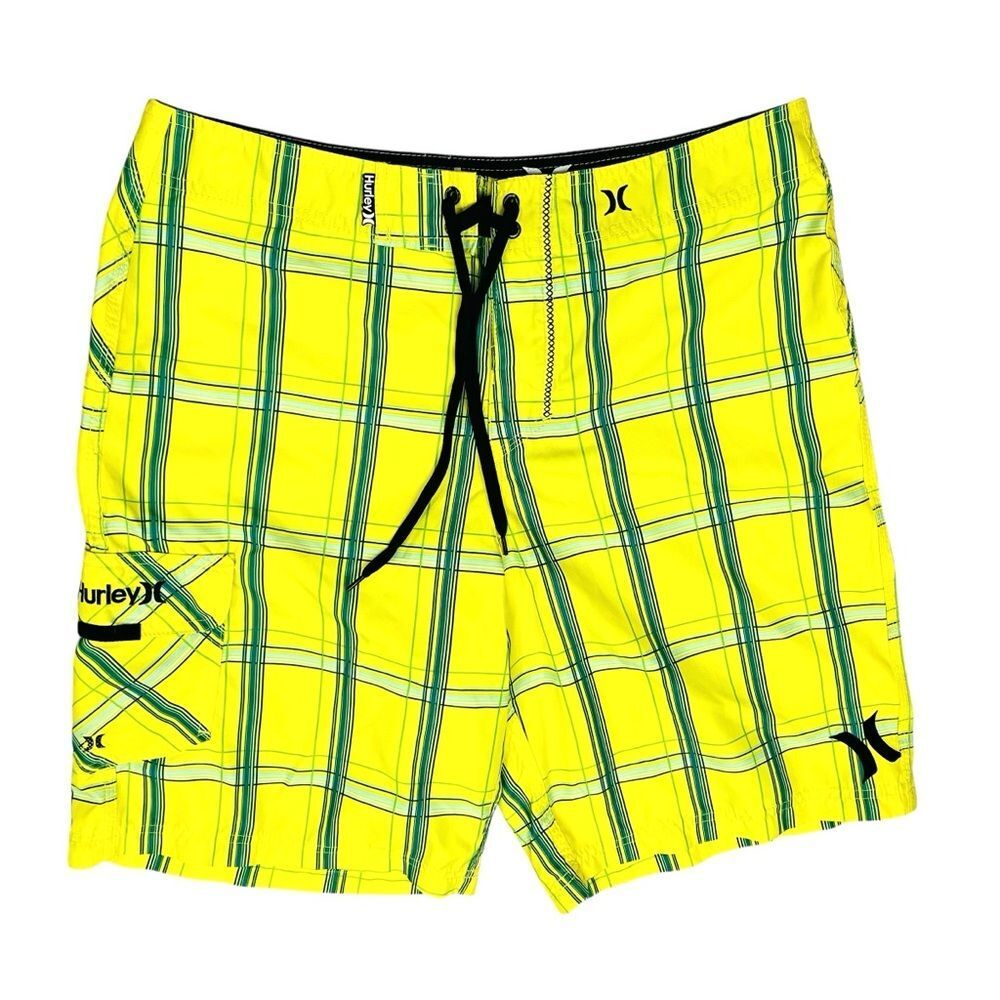 Hurley Men’s Swim Trunks Board Yellow Green Plaid Cargo Shorts Sz 34